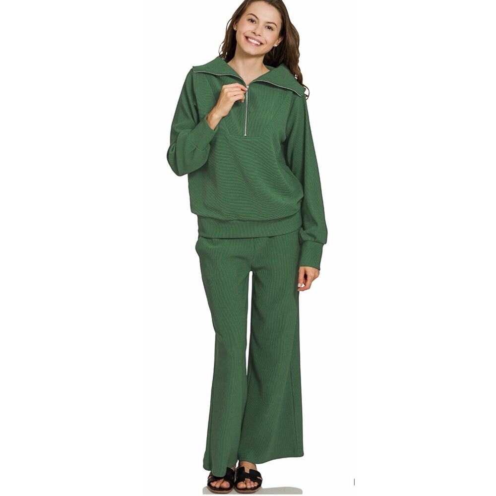 Zenana Ribbed Wide Leg Pant Set Size Large - Picture 3 of 3